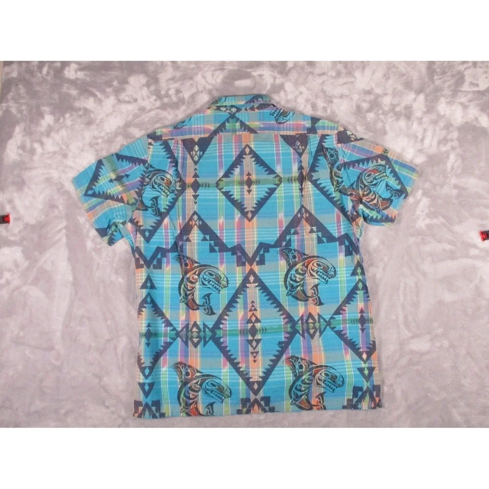Vtg Polo Ralph Lauren Shirt Men‎ L  Blue Plaid Southwest Fish Print Button Front